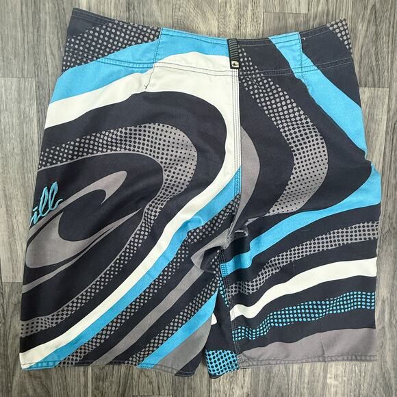 O’Neill Board Shorts Blue Black White Swirl Logo Pocket 22” Outseam Surf - Picture 2 of 6